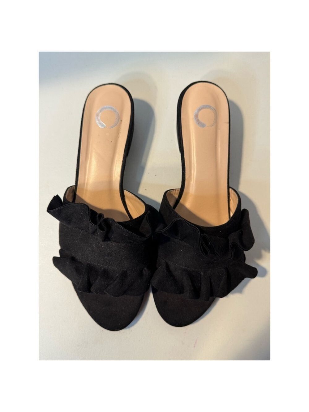 C Label Black Faux Suede Ruffle Chunky Heel Mules Size 9